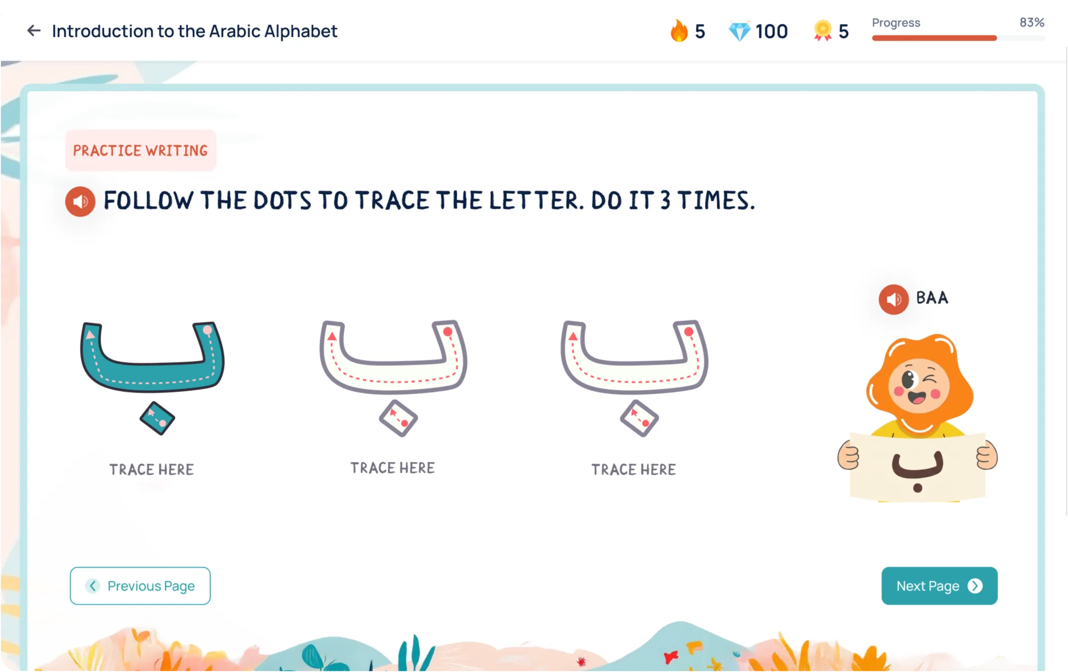 Silah lesson screen: tracing the Arabic letter Baa with the Silah mascot